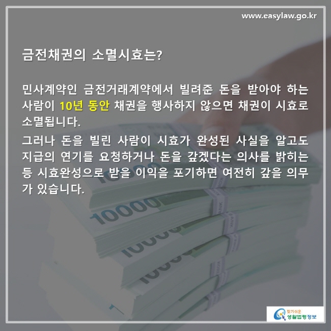 금전채권의 소멸시효는? 민사계약인 금전거래 계약에서 빌려 준 돈을 받아야 하는 사람이 10년 동안 채권을 행사하지 않으면 채권이 시효로 소멸됩니다. 그러나 돈을 빌린 사람이 시효가 완성된 사실을 알고도 지급의 연기를 요청하거나 돈을 갚겠다는 의사를 밝히는 등 시효완성으로 받을 이익을 포기하면 여전히 갚을 의무가 있습니다.